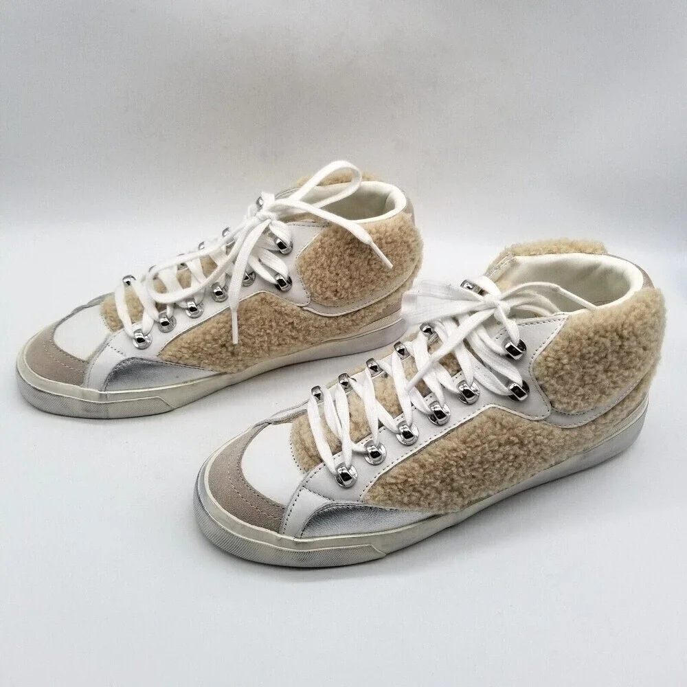 Marc Fisher Women Merin‎ 2 Sneakers Fur Trim White Leather 8